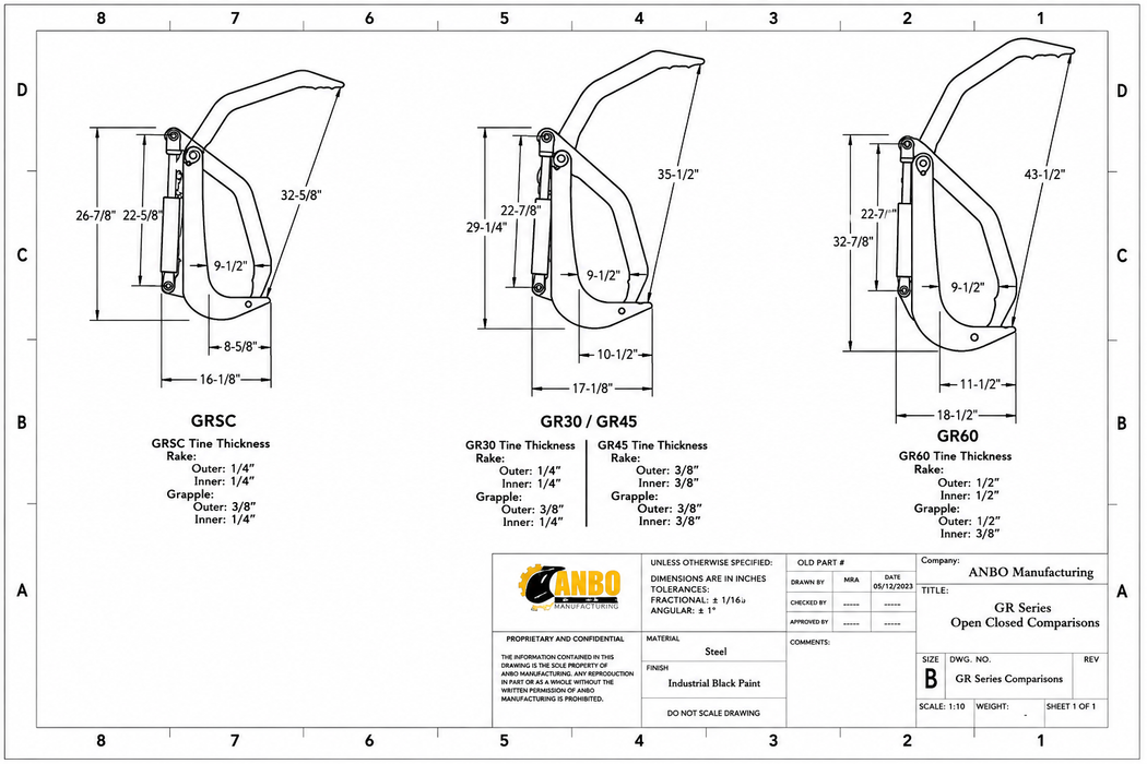 Compact Root Rake Grapple Attachment for Mini Skid Steers (GRSC-10) - ANBO
