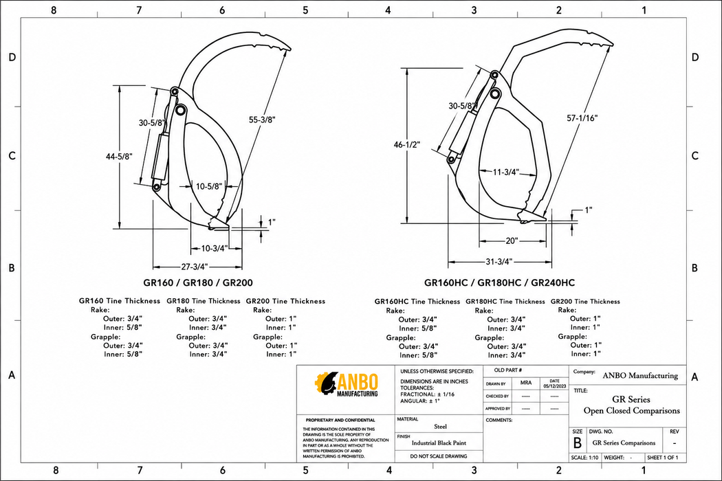 Industrial Wide-Tine Root Grapple (GR160-12) - ANBO